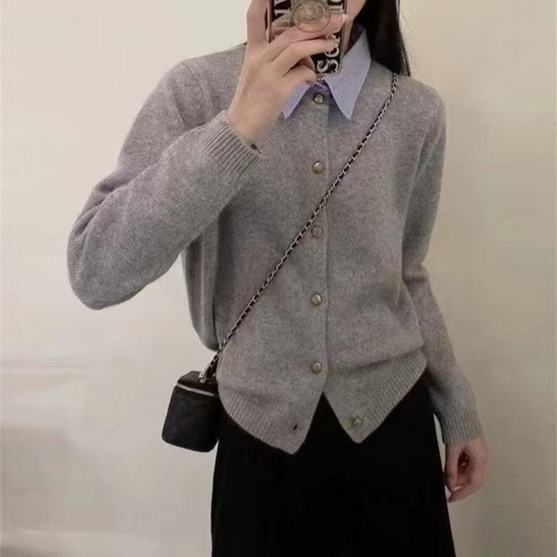 2025秋冬新款撞色拼接假两件针织开衫女宽松百搭显瘦小众毛衣外套|undefined