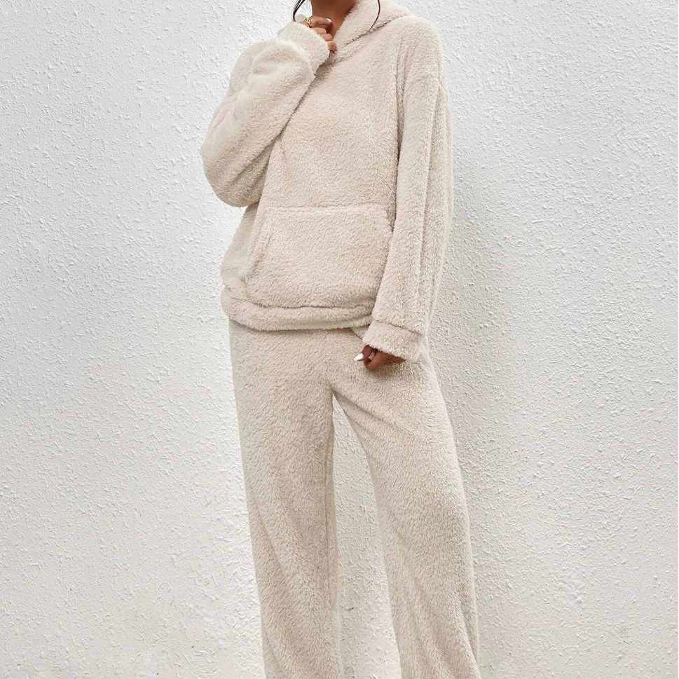 Пятно европейские и американские трансграничные 2024 осенние и зимние сплошные женские шапки с длинными рукавами мешки повседневные брюки для дома набор из двух частей