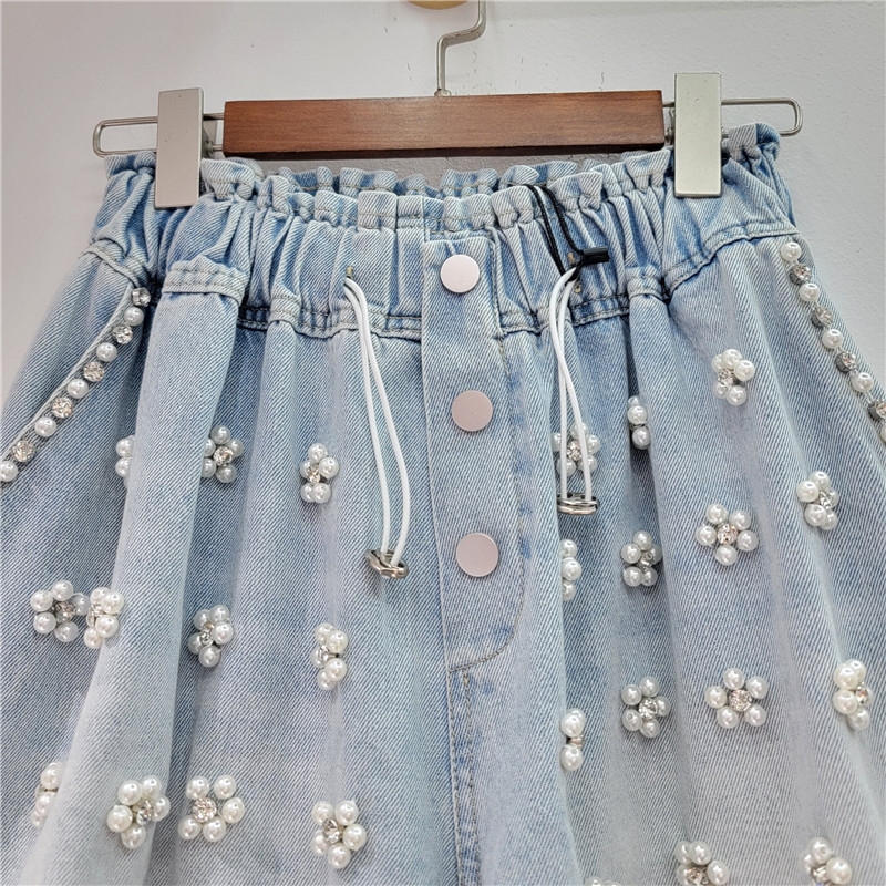Pantalones Cortos de Mezclilla con Pedrería y Cuentas de Mezclilla con Pierna Ancha para Verano