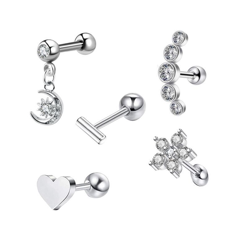 Simple Style Heart Shape Stainless Steel Plating Zircon Ear Studs 5 Piece Set display picture 4