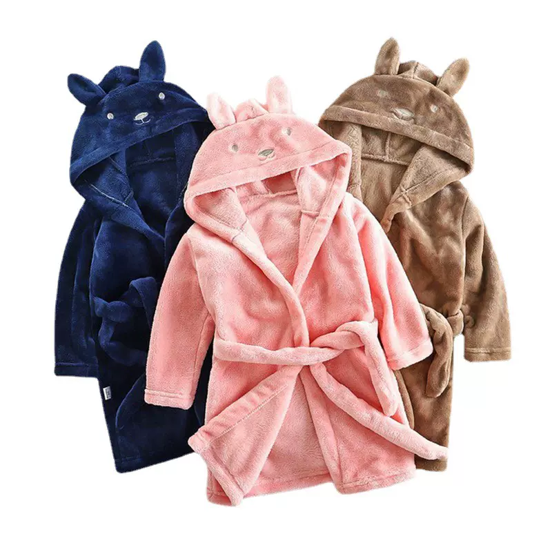 儿童兔耳朵睡袍法兰绒可爱男童加厚女童珊瑚绒睡衣秋冬四季浴袍