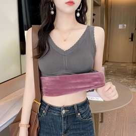 加绒加厚V领蕾丝花边保暖背心女外穿内搭带胸垫上衣舒适保暖内衣