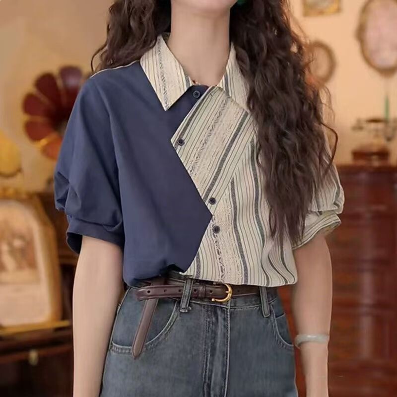 Contrasting Color Patchwork Striped Chic Shirt for Women, Summer Fashion, Stylish and Slimming, with a Turn-Down Collar, Stunning Top