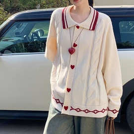 秋冬新款慵懒风撞色爱心扣毛衣开衫女洋气宽松学院风简约针织上衣