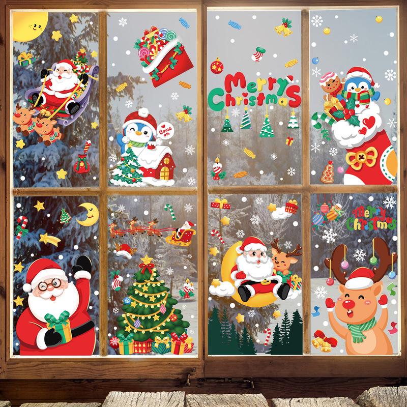 クリスマスデコレーションスノーフレークステッカーサンタクロースヘラジカ雪だるまガーランド静電ステッカートランスボーダーメリークリスマスウィンドウステッカー|undefined