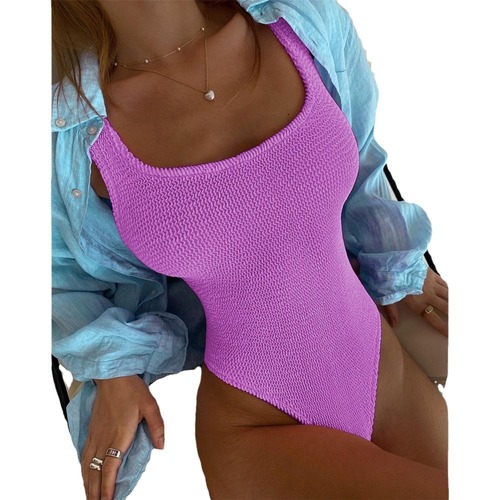 2024 European and American Special Fabric Crepe-Wave Striped Candy Color One-Piece Swimsuit for Women Fluorescent Pleated Fabric Swimwear