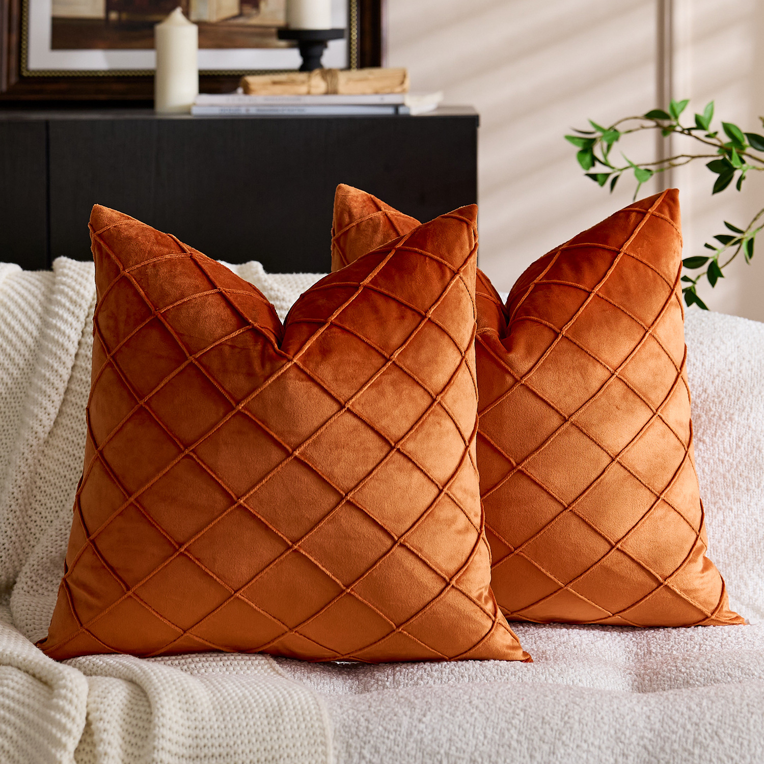 国境を越えた北欧の純色ビロード刺繍の方格子抱き枕カバー