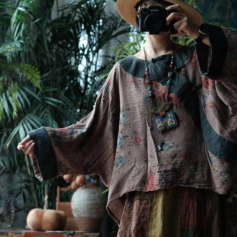 Luogu Mud Customized Vintage Pure Cotton Round Neck Buttoned Loose Shirt T-shirt 2101 Khaki Floral Luogu Mud Customized Vintage Pure Cotton Round Neck Buttoned Loose Shirt T-shirt 2101 Khaki Floral
