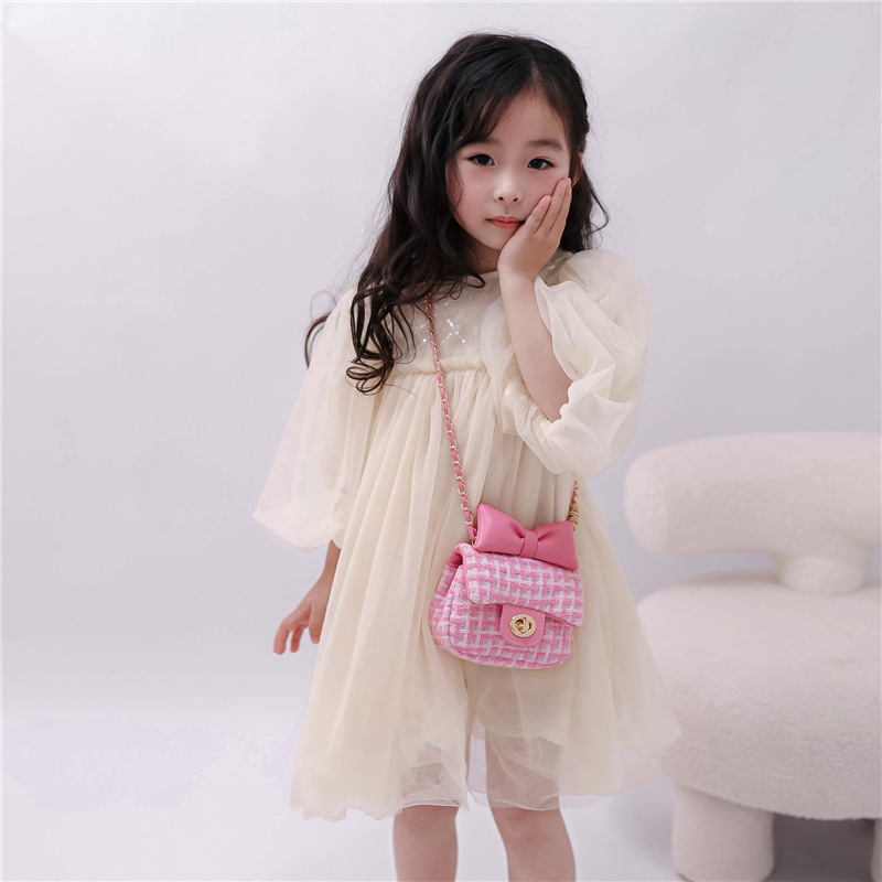 Bolso de los niños primavera nuevo dulce arco de lana pequeña bolsa cuadrada estilo de Chanel chica cadena bolsa de mensajero bolsa de lápiz labial