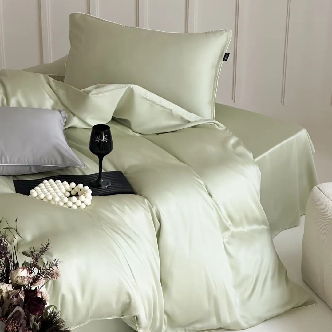 Lanjing inlaid rope 60s solid color Tencel four-piece set summer simple Macaron color silky cold bedding quilt cover