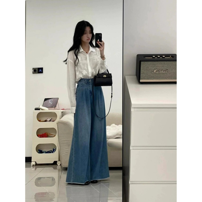 春季穿搭一整套女2025新款休闲复古高级感衬衫阔腿牛仔裤子两件套|undefined