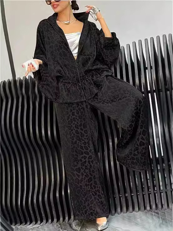2025现货秋冬新款欧美跨境女式翻领腰部抽绳长袖豹纹休闲套装|undefined