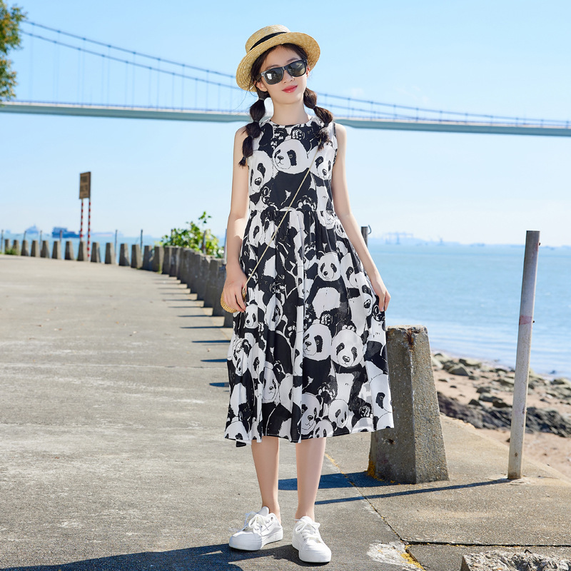 Corea del Sur ropa para niños Panda imprimir vestido de verano para niñas vestido 2023 nuevo vestido para niños vestido sin mangas de chaleco para niñas
