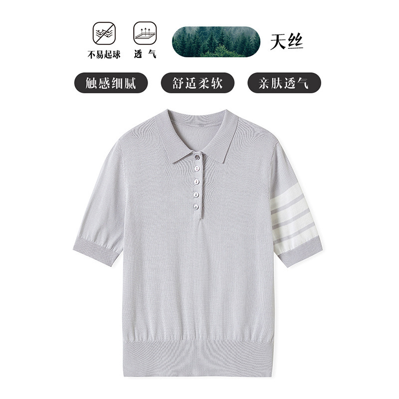 in stock French Style TB Same Style Women's Classic Left Sleeve Four Stripe Knitted Short Sleeve Summer POLO Shirt Leisel Top