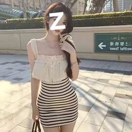 夏季新款甜美少女软妹风氛围感条纹假两件韩系穿搭修身连衣裙女