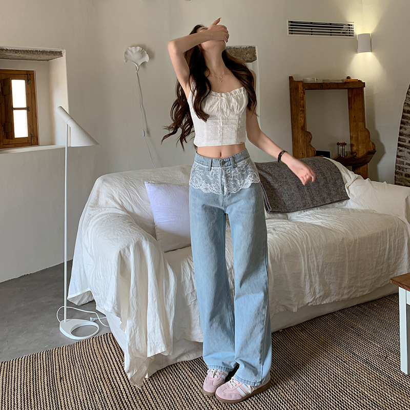 Lace Stitching Fake Two-Piece Jeans Women's 2025 Spring New Light Color Washed Straight Leg Pants Loose Mop Pants