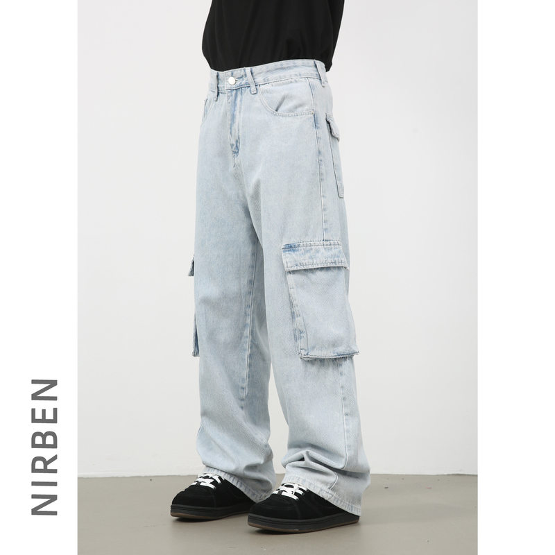 Quần jean nam ống rộng ống đứng dáng suông, vải denim giặt cổ điển, nhiều túi — Màu xanh lam