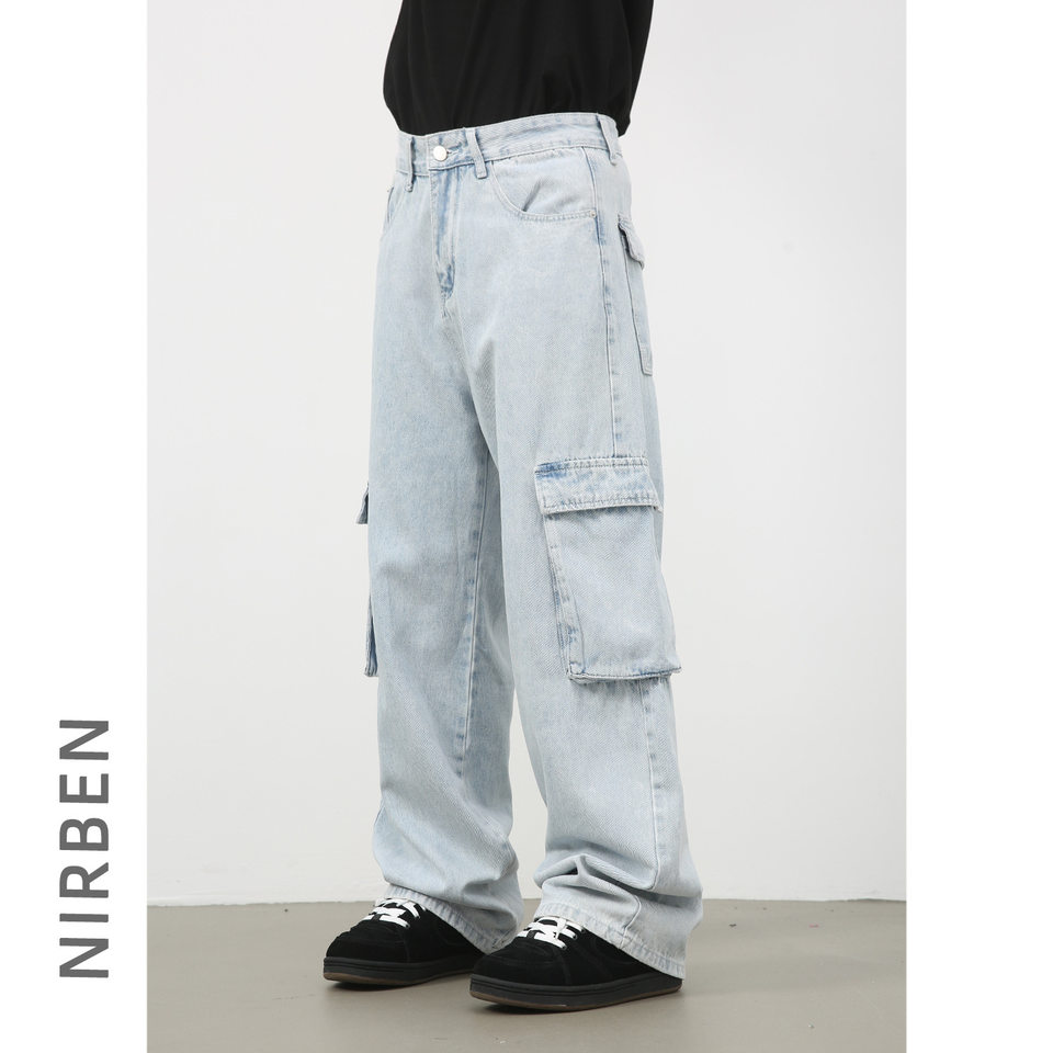 Quần jean nam ống rộng ống đứng dáng suông, vải denim giặt cổ điển, nhiều túi — Màu xanh lam