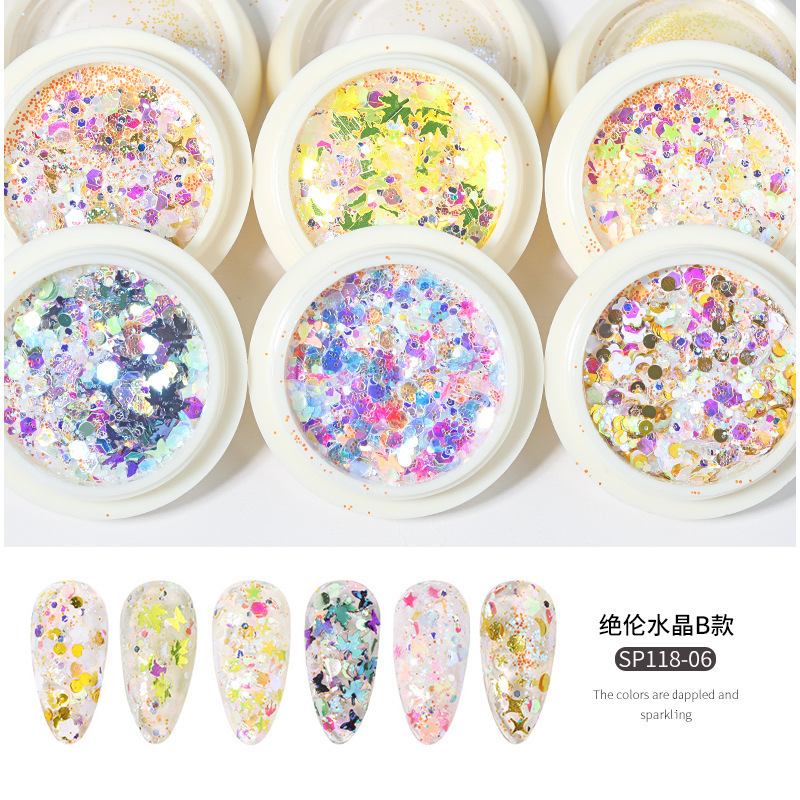 Nuevo set de decoración de uñas con purpurina de 6 colores, purpurina mixta con efecto láser degradado, purpurina para decoración de uñas con efecto ojo de hada