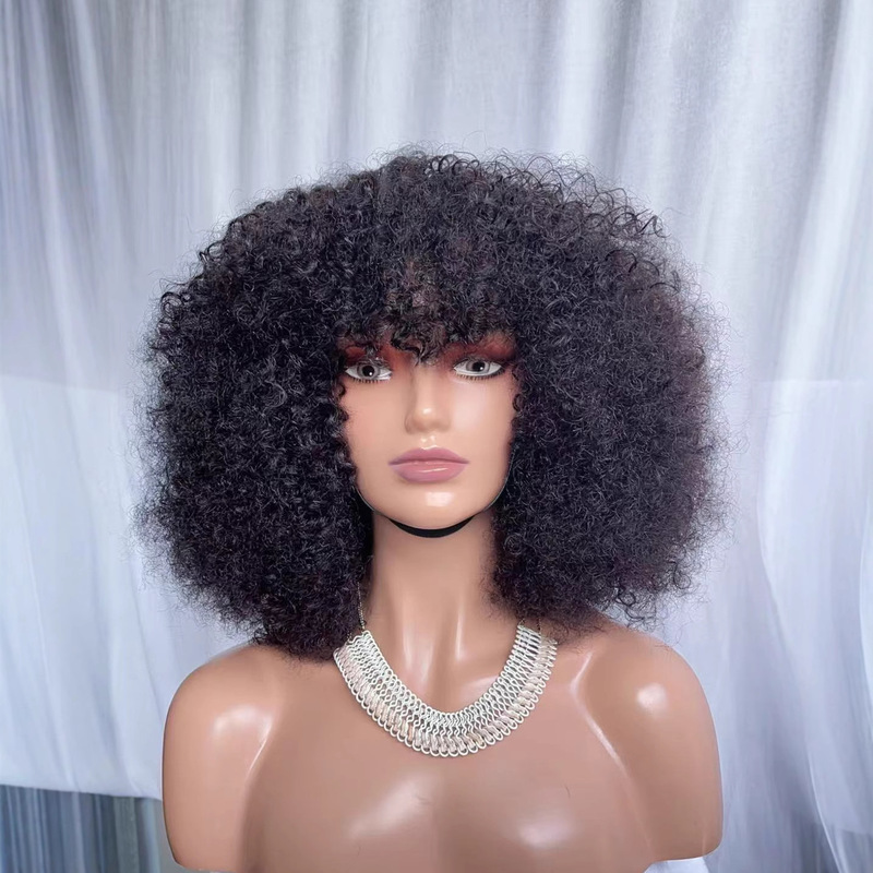 African Foreign Trade Full Real Hair Medium-Length Afro Wig Afro Wig Headgear European and American Cross-Border Fashion Wig with Bangs African Foreign Trade Full Real Hair Medium-Length Afro Wig Afro Wig Headgear European and American Cross-Border Fashion Wig with Bangs