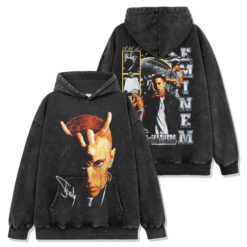 Cross-border American hip-hop Eminem Eminem printed wash short-sleeved T-shirt round neck heavy hooded sweatshirt men