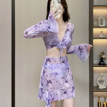度假风网红比基尼bikini分体四件套韩版性感套装印花长袖游泳衣女