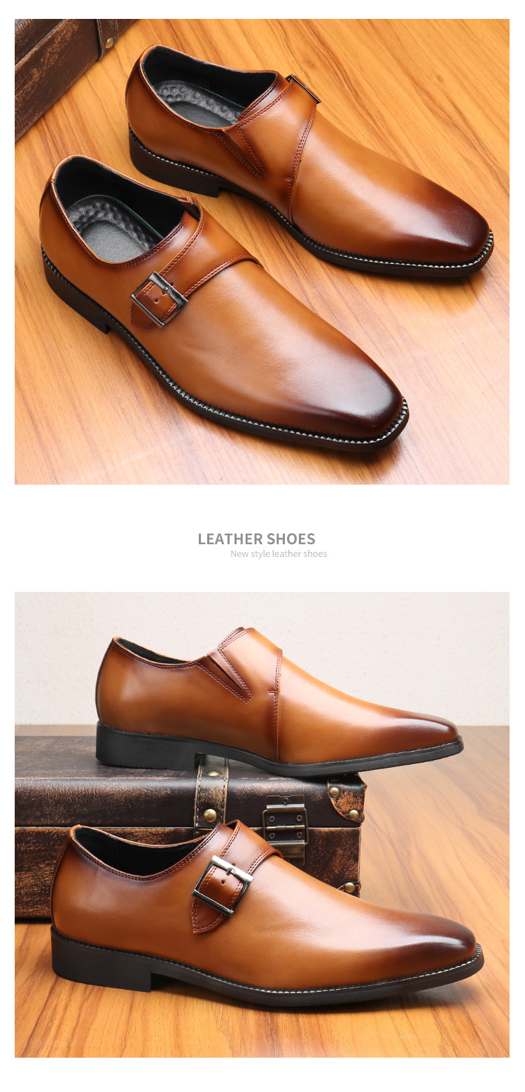 Business leather shoes square head dress casual shoes low top wipe color leather buckle cover foot_vogvips.com