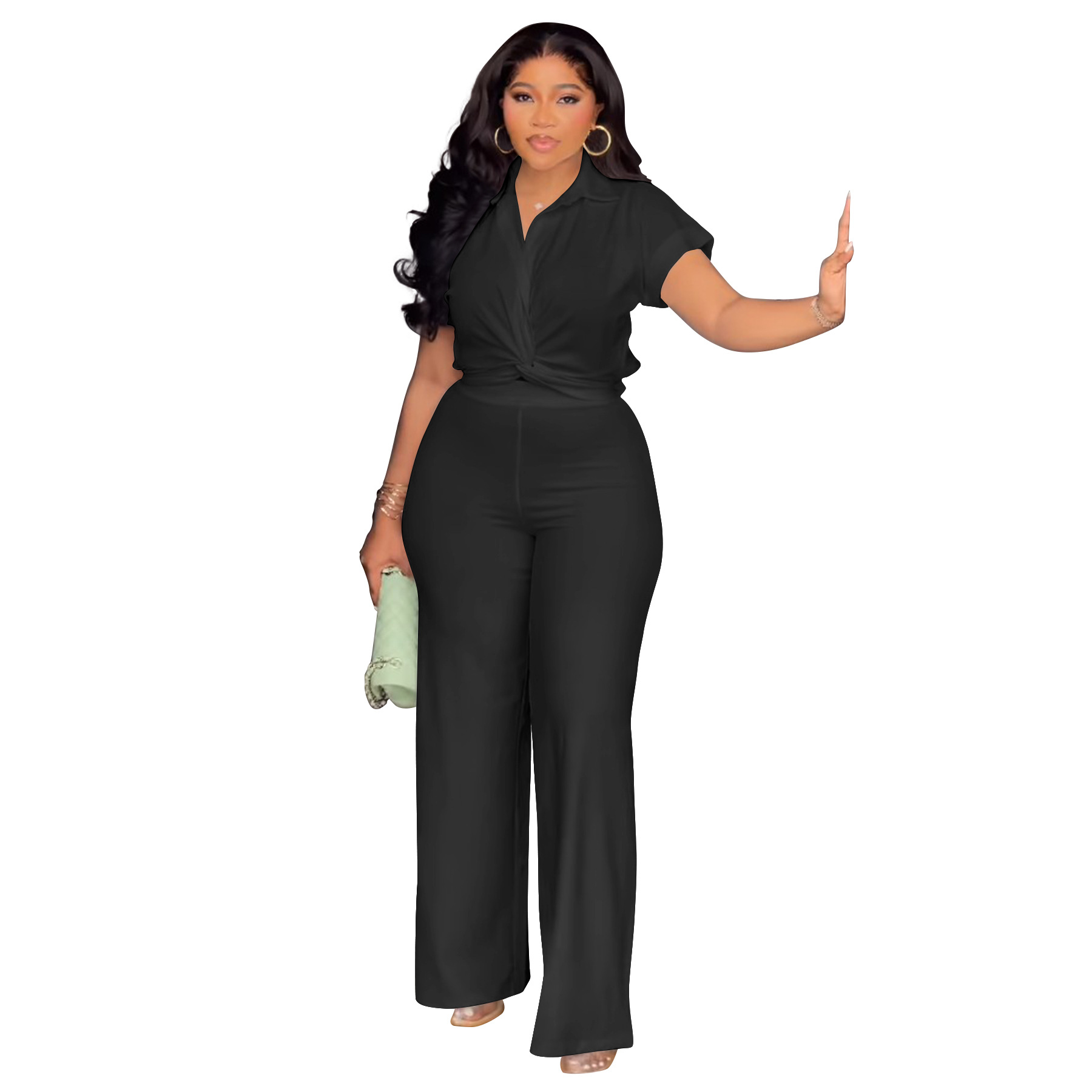 Women's Clothing Plus Size Summer Outfit High Waist Casual Pants & Solid Color Shirt Short Sleeved Two-Piece Set_ecoleips.com