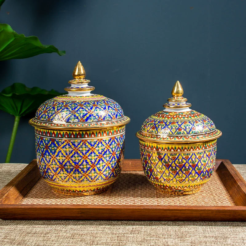 Импортированная из Таиланда керамическая банка для хранения цвета эмали с ручной росписью с крышкой Чайная банка Настольные декоративные украшения для хранения