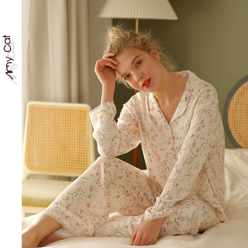 Rayon Satin All Year Round Small Willow Leaf Floral Print Home Clothes Loose and Comfortable Large Size Long-Sleeved Pajamas Set