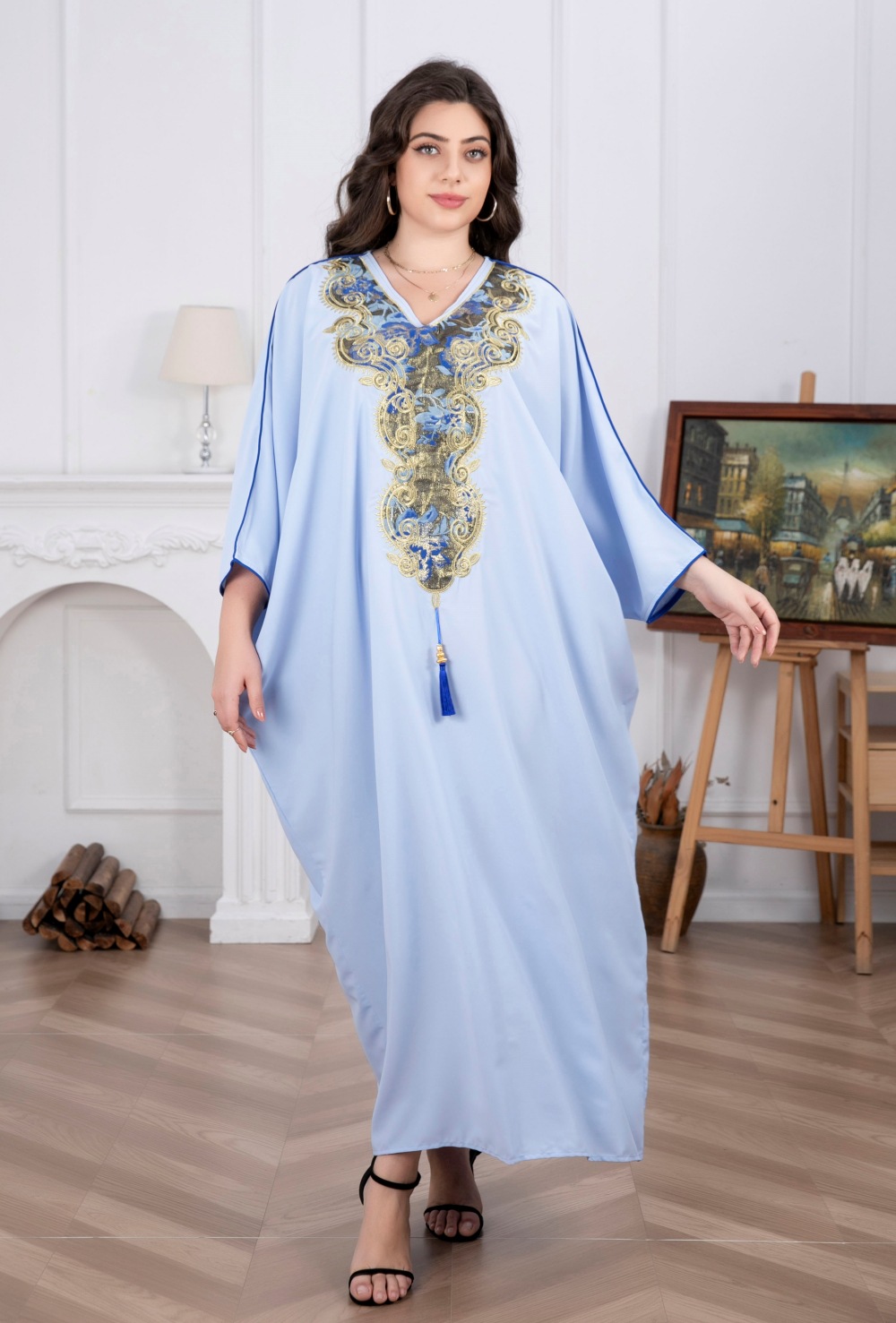 Indonesian-Middle Eastern Cross-border Women's Robe With V-neck, Embroidery, And Tassels, Elegant Arabic Robe,_ecoleips.com