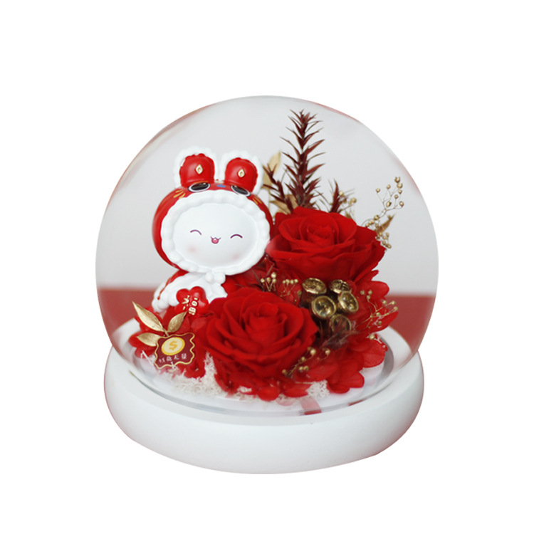 Cubierta de vidrio flor eterna bendición conejo en stock flor seca al por mayor regalo de San Valentín rosa regalo de Año Nuevo