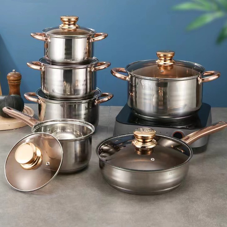 Cross-Border Food-Grade Stainless Steel Cookware Set, Thickened Kitchenware for Home and Commercial Use, Deep Soup Pot, Non-Stick Pan