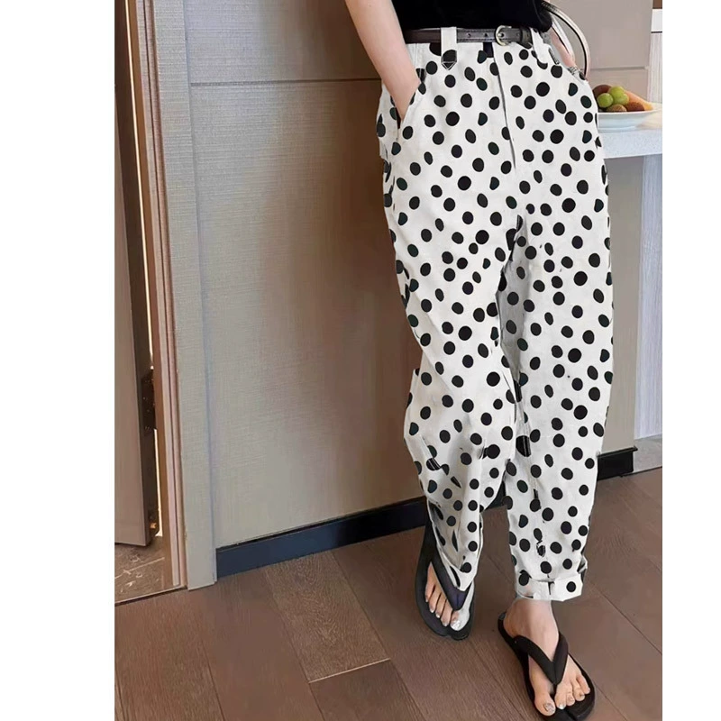 2023 European Station Европейские эластичные повседневные брюки женские тонкие укороченные шаровары в горошек с завышенной талией и принтом молодые брюки