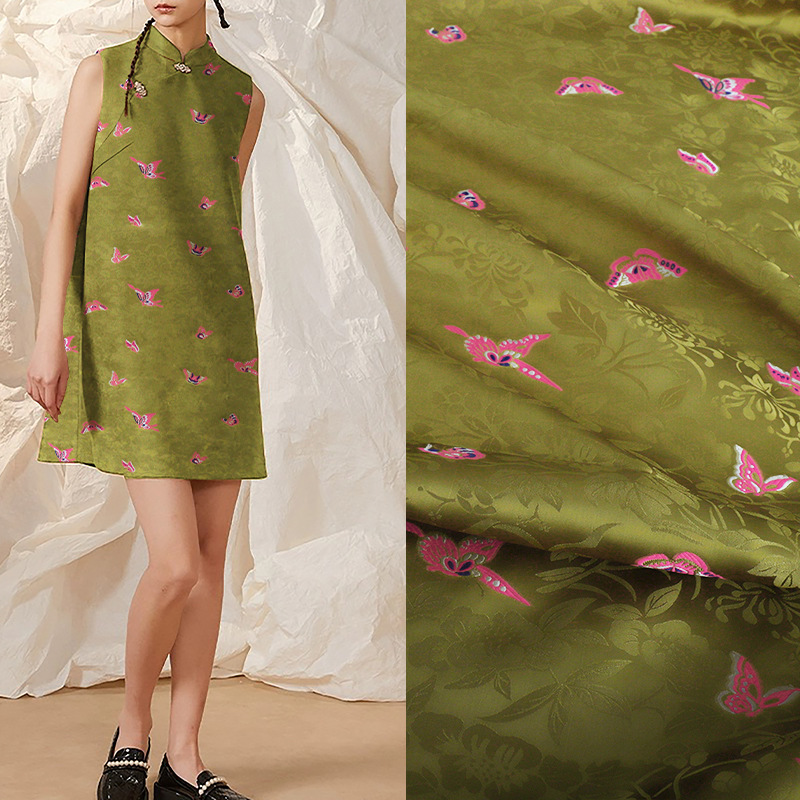 《蝶恋花》源头厂家国潮植物真丝中国风提花布料连衣裙服装面料