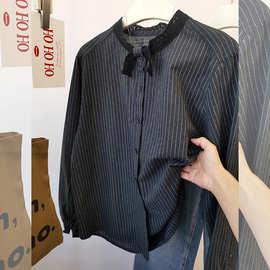 复古减龄通勤条纹长袖衬衫上衣女装春秋新款大码宽松衬衣百搭潮流