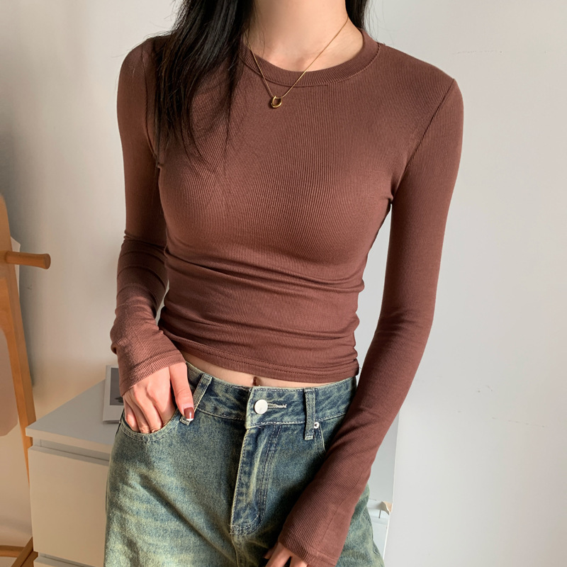 美式灰色正肩小衫长袖t恤女2025秋季新磨毛内搭打底修身百搭上衣|undefined