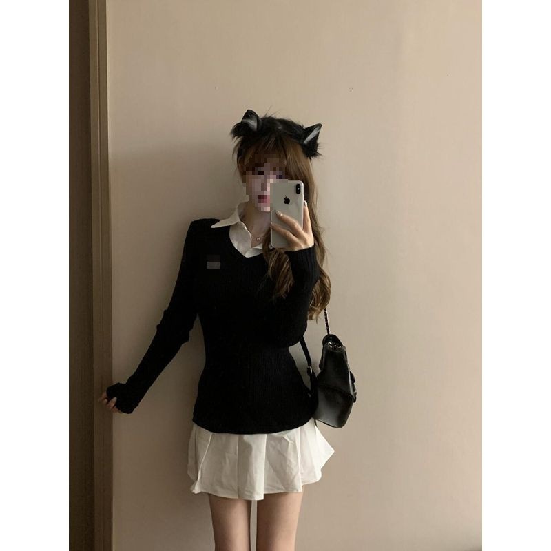 辣妹拼接针织百褶连衣裙女秋学院风polo领长袖修身收腰显瘦裙子