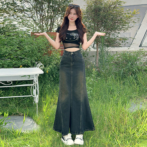 Vintage Cowboy Half-Body Skirt for Women, Autumn, Small Figure, High-Waisted, Slimming, Medium-Length A-Line Skirt, Fish Tail, Hourglass Skirt, Trendy