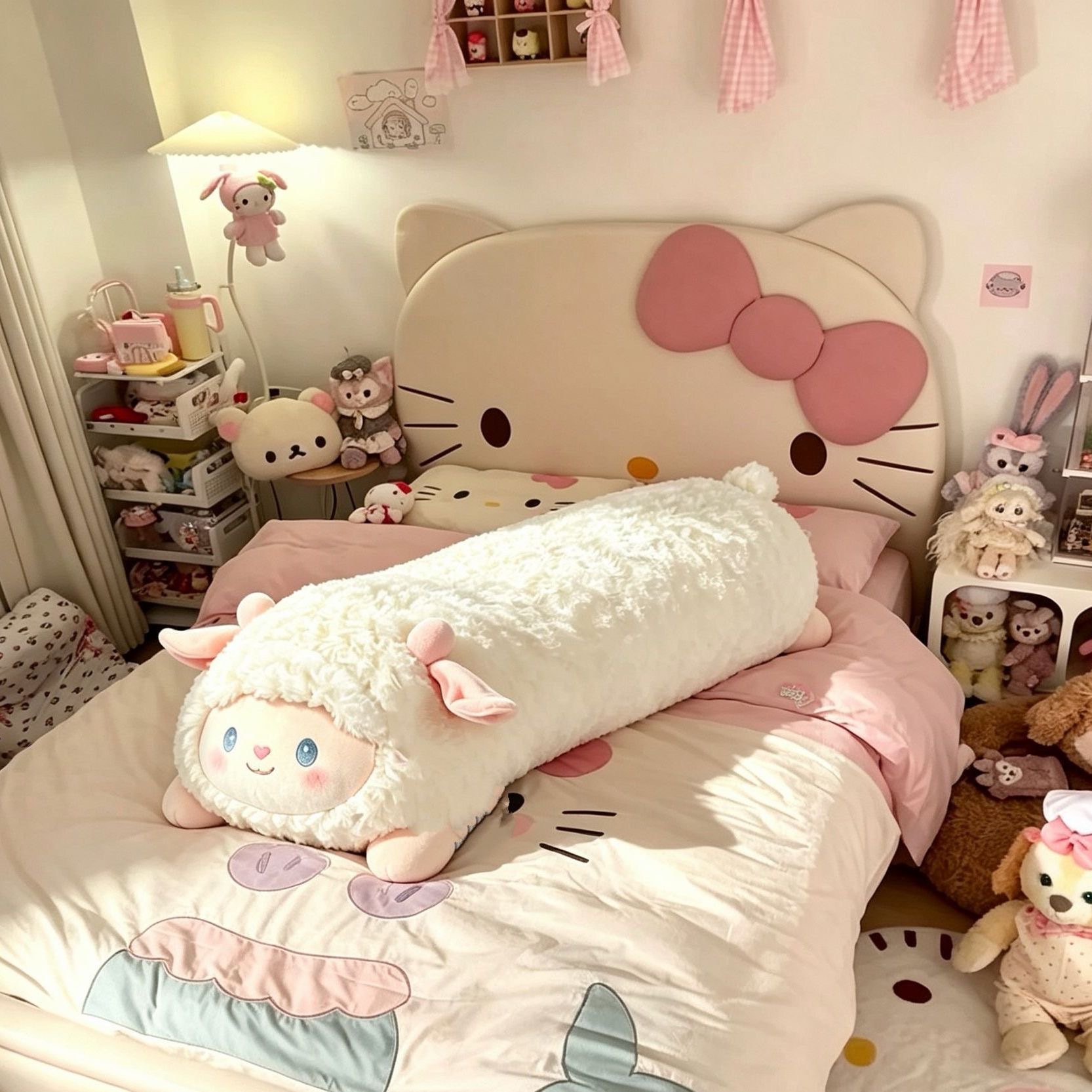 Cute fluffy little lamb long pillow plush toy for side sleeping, leg-hugging doll for bed and dormitory use