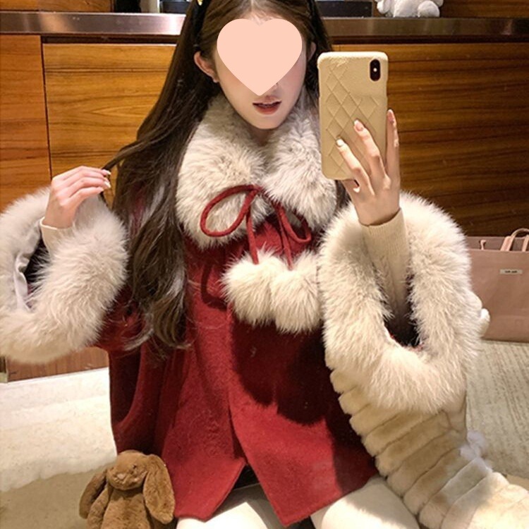 A cute and loose-fitting winter wool coat in red, perfect for the New Year, paired with a brown short skirt – a two-piece set A cute and loose-fitting winter wool coat in red, perfect for the New Year, paired with a brown short skirt – a two-piece set