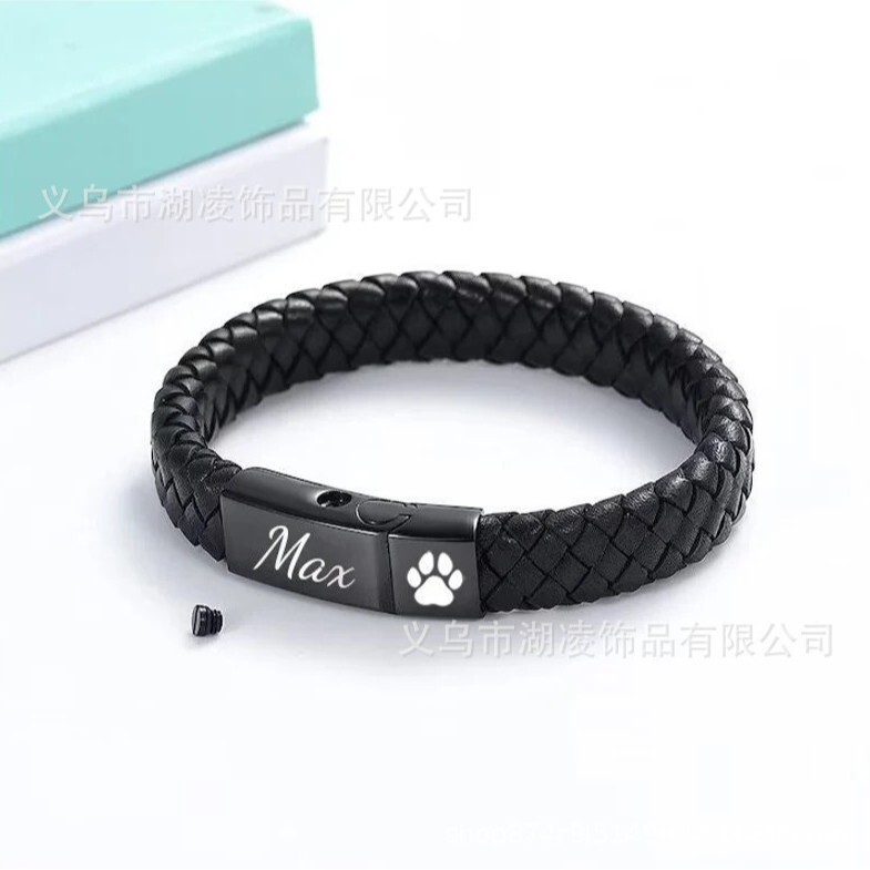 European and American Cross-Border Leather Stainless Steel Urn Bracelet Can Be DIY Engraved with Dog Paw Fingerprints and Can Be Opened Niche Bracelet