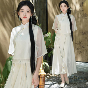Summer 2025 New Chinese Style Retro Chinese Element Women's Clothing Embroidery Improved Tang Suit Han Suit Fairy Zen Tea Suit suit Women