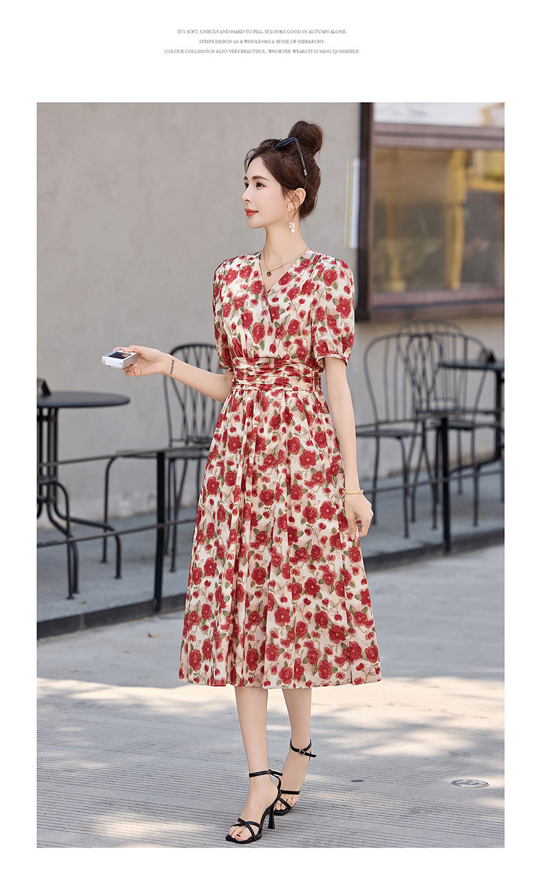 Đầm maxi nữ thắt eo cổ V in họa tiết thanh lịch — màu đỏ chi tiết 17