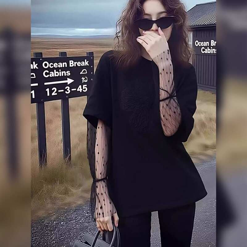 【Amon Man Cotton】Pure Desire Black Lace Patchwork Long Sleeve T-Shirt, Spring Unique Chic Casual Sophisticated Top