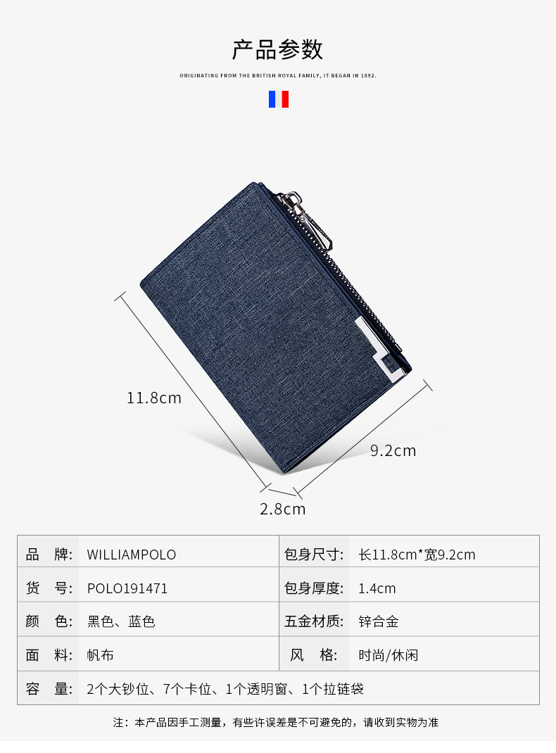 Ví nam gập mini Emperor Paul vải canvas siêu mỏng đựng thẻ và tiền xu chi tiết 12