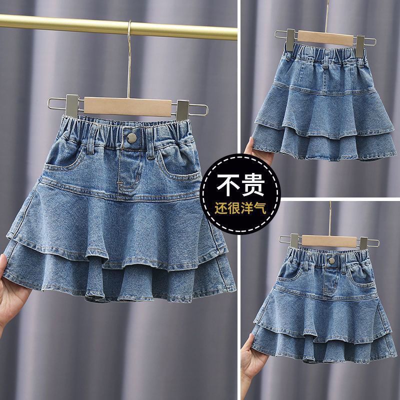 Girls' Denim Skirt Summer New Elastic Medium and Large Children's Short Skirt Internet Celebrity Children's Skirt Cake Style
