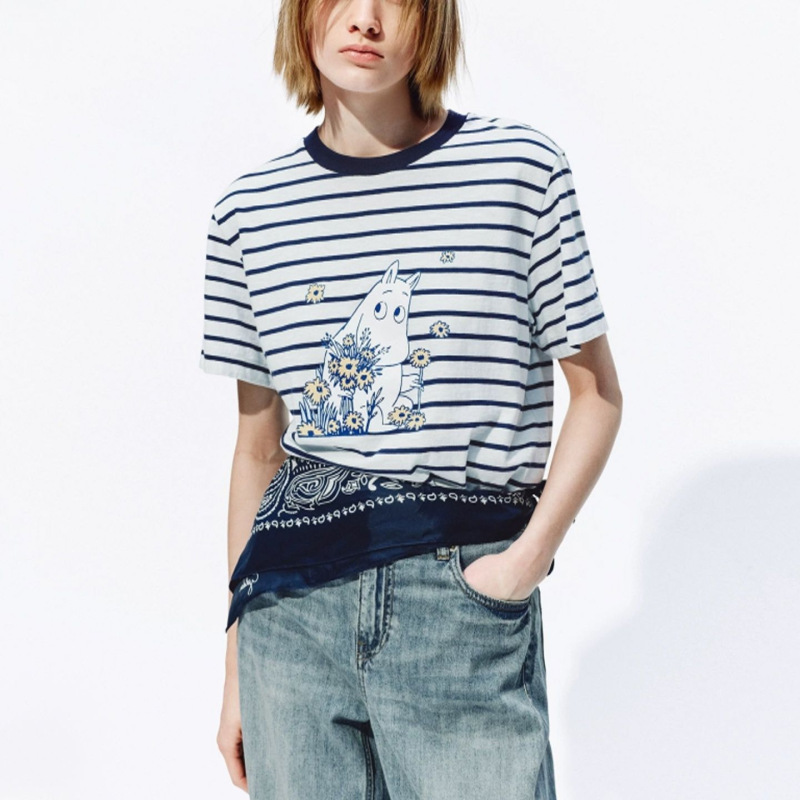 [Same Style as in the Mall] Striped T-Shirt 2026 Summer New Style Xinjiang Cotton White Ink Printing 2030