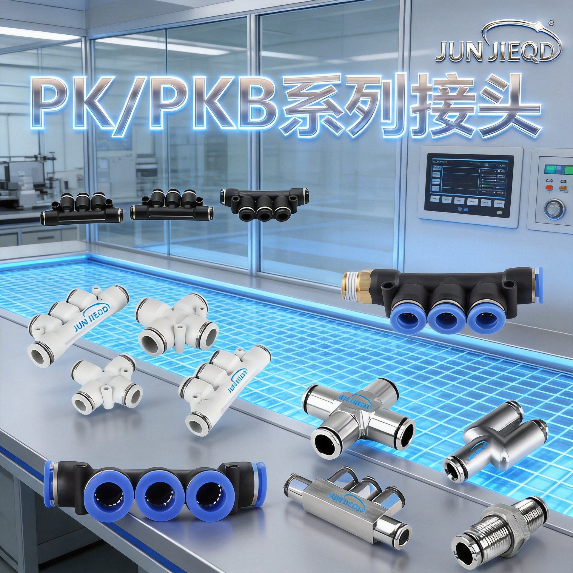 PK6/8/10五通不锈钢快插气动接头PZA12/14/16四通塑料联管快速接