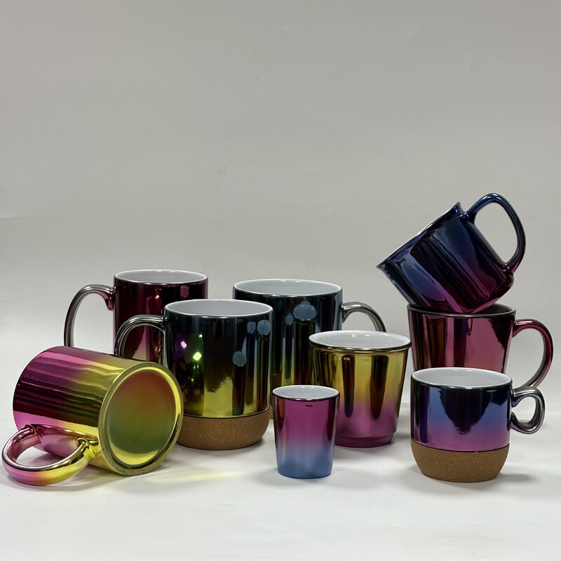 Iridescent Electroplated Gradient Ceramic Mug with Cork Base, Multi-Size Metal Rainbow Coffee Cup with Printed Logo